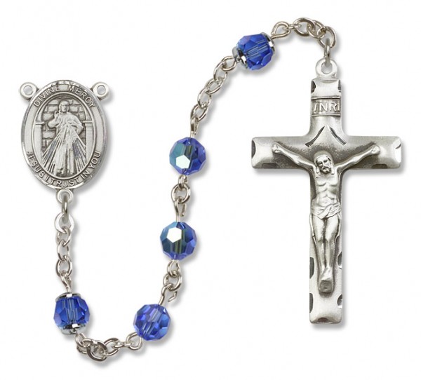 Divine Mercy Sterling Silver Heirloom Rosary Squared Crucifix - Sapphire