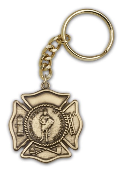 St. Florian Patron Saint of Firefighters Keychain - Gold Tone