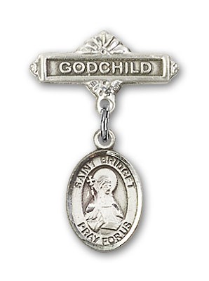 Pin Badge with St. Bridget of Sweden Charm and Godchild Badge Pin - Silver tone