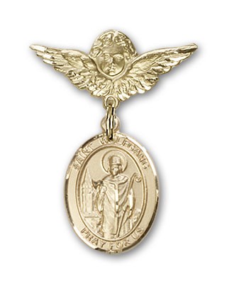 Pin Badge with St. Wolfgang Charm and Angel with Smaller Wings Badge Pin - 14K Solid Gold