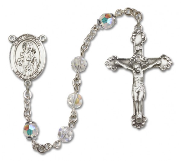 St. Nicholas Sterling Silver Heirloom Rosary Fancy Crucifix - Crystal