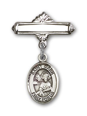 Pin Badge with St. Mark the Evangelist Charm and Polished Engravable Badge Pin - Silver tone