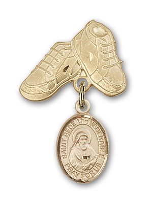 Pin Badge with St. Bede the Venerable Charm and Baby Boots Pin - 14K Solid Gold