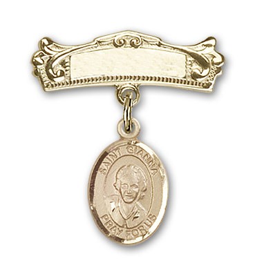 Pin Badge with St. Gianna Beretta Molla Charm and Arched Polished Engravable Badge Pin - Gold Tone