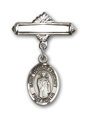Pin Badge with St. Thomas A Becket Charm and Polished Engravable Badge Pin - Silver tone