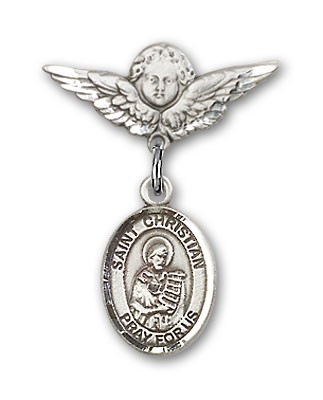 Pin Badge with St. Christian Demosthenes Charm and Angel with Smaller Wings Badge Pin - Silver tone