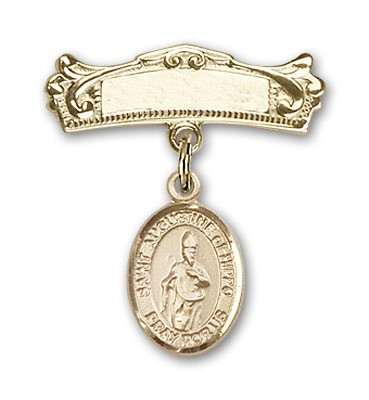 Pin Badge with St. Augustine of Hippo Charm and Arched Polished Engravable Badge Pin - Gold Tone