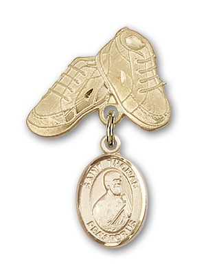 Pin Badge with St. Thomas the Apostle Charm and Baby Boots Pin - 14K Solid Gold