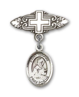 Pin Badge with St. Isidore of Seville Charm and Badge Pin with Cross - Silver tone
