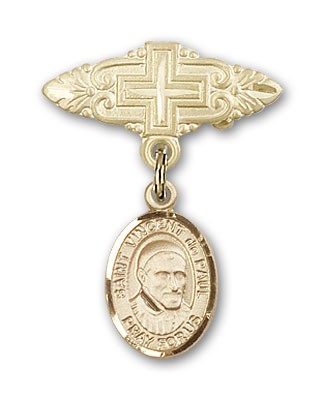 Pin Badge with St. Vincent de Paul Charm and Badge Pin with Cross - 14K Solid Gold