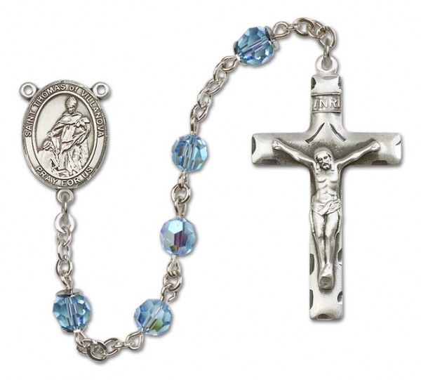 St. Thomas of Villanova Sterling Silver Heirloom Rosary Squared Crucifix - Aqua