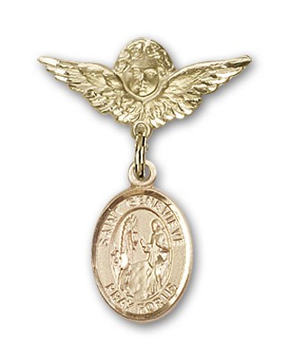 Pin Badge with St. Genevieve Charm and Angel with Smaller Wings Badge Pin - 14K Solid Gold