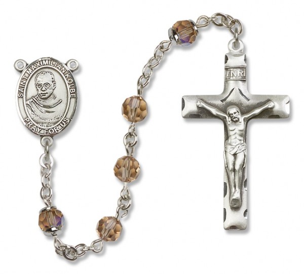 St. Maximilian Kolbe Sterling Silver Heirloom Rosary Squared Crucifix - Topaz