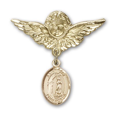 Pin Badge with St. Zoe of Rome Charm and Angel with Larger Wings Badge Pin - 14K Solid Gold