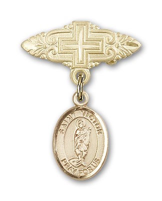 Pin Badge with St. Victor of Marseilles Charm and Badge Pin with Cross - Gold Tone