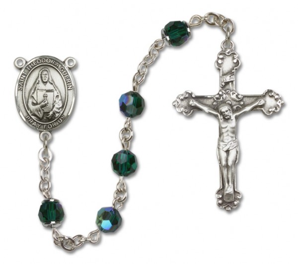 St. Theodora Guerin Sterling Silver Heirloom Rosary Fancy Crucifix - Emerald Green