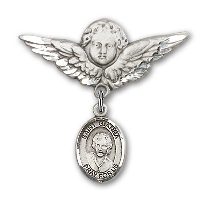 Pin Badge with St. Gianna Beretta Molla Charm and Angel with Larger Wings Badge Pin - Silver tone