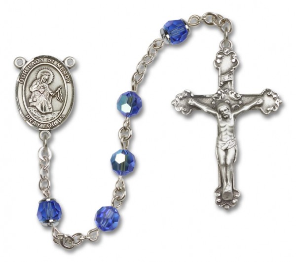 Our Lady of Mercy Sterling Silver Heirloom Rosary Fancy Crucifix - Sapphire
