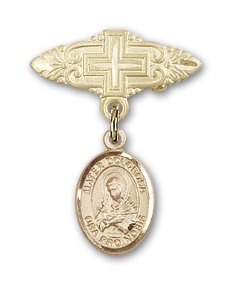 Pin Badge with Mater Dolorosa Charm and Badge Pin with Cross - 14K Solid Gold