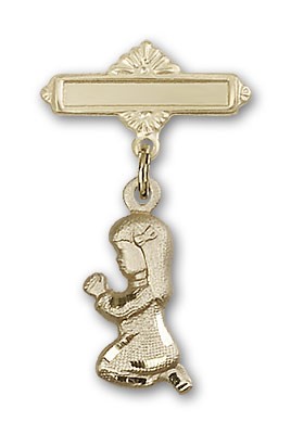 Baby Pin with Praying Girl Charm and Polished Engravable Badge Pin - 14K Solid Gold