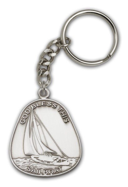 God Bless This Sailboat Keychain - Antique Silver