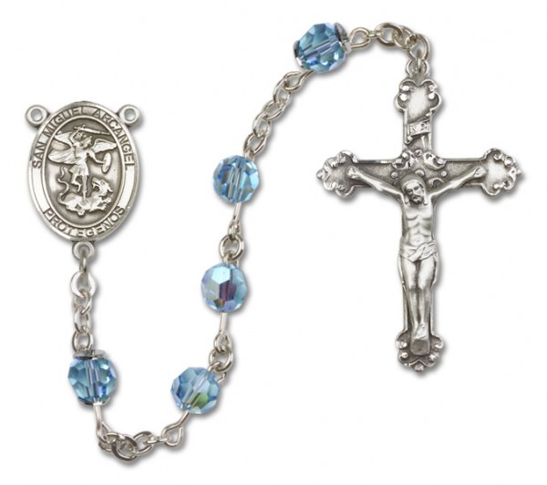 San Miguel the Archangel Sterling Silver Heirloom Rosary Fancy Crucifix - Aqua