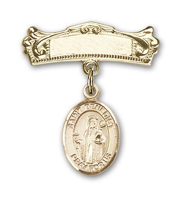 Pin Badge with St. Benedict Charm and Arched Polished Engravable Badge Pin - Gold Tone