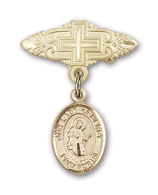 Pin Badge with Our Lady of Mercy Charm and Badge Pin with Cross - 14K Solid Gold