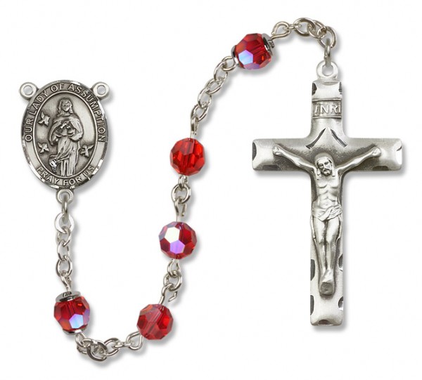 Our Lady of Assumption Sterling Silver Heirloom Rosary Squared Crucifix - Ruby Red