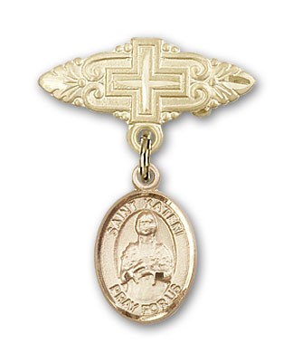 Pin Badge with St. Kateri Charm and Badge Pin with Cross - 14K Solid Gold