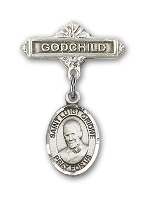 Pin Badge with St. Luigi Orione Charm and Godchild Badge Pin - Silver tone