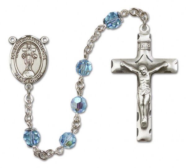 Our Lady of Nations Sterling Silver Heirloom Rosary Squared Crucifix - Aqua
