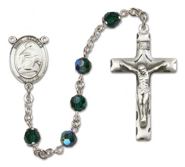 St. Charles Borromeo Sterling Silver Heirloom Rosary Squared Crucifix - Emerald Green