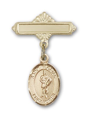 Pin Badge with St. Florian Charm and Polished Engravable Badge Pin - Gold Tone