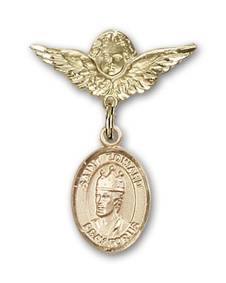 Pin Badge with St. Edward the Confessor Charm and Angel with Smaller Wings Badge Pin - 14K Solid Gold