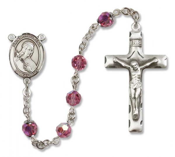 St. Philomena Sterling Silver Heirloom Rosary Squared Crucifix - Rose