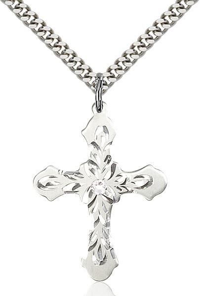 Floral and Petal Cross Pendant with Birthstone Options - Crystal