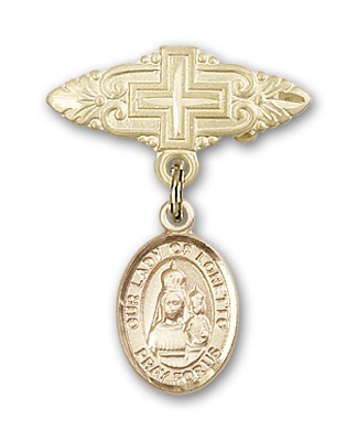 Pin Badge with Our Lady of Loretto Charm and Badge Pin with Cross - Gold Tone