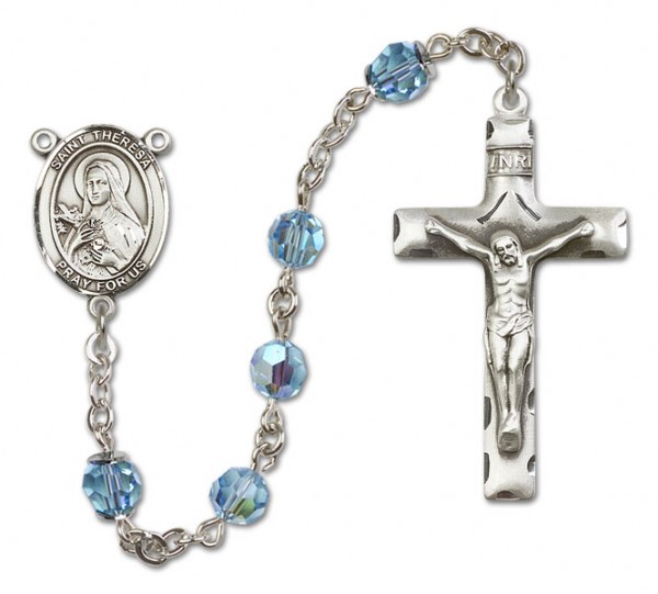 St. Theresa Sterling Silver Heirloom Rosary Squared Crucifix - Aqua