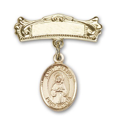 Pin Badge with St. Lillian Charm and Arched Polished Engravable Badge Pin - 14K Solid Gold