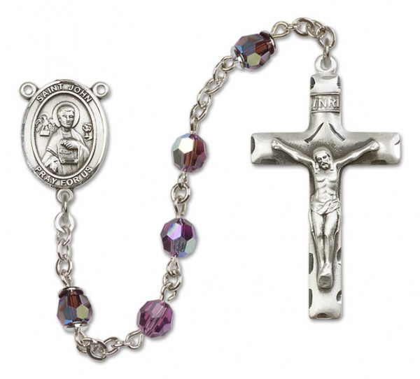 St. John the Apostle Sterling Silver Heirloom Rosary Squared Crucifix - Amethyst