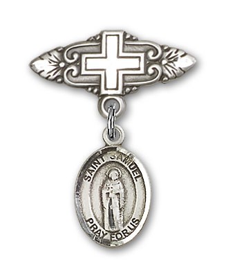 Pin Badge with St. Samuel Charm and Badge Pin with Cross - Silver tone