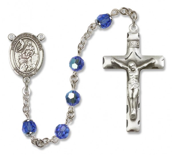 St. Peter Nolasco Rosary Our Lady of Mercy Sterling Silver Heirloom Rosary Squared Crucifix - Sapphire