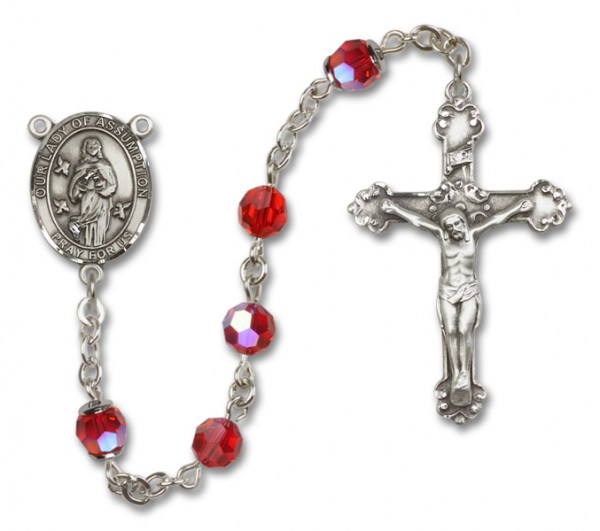 Our Lady of Assumption Sterling Silver Heirloom Rosary Fancy Crucifix - Ruby Red