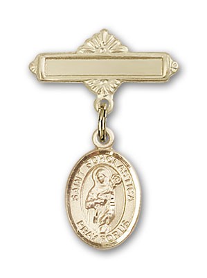 Pin Badge with St. Scholastica Charm and Polished Engravable Badge Pin - 14K Solid Gold