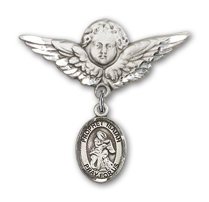 Pin Badge with St. Isaiah Charm and Angel with Larger Wings Badge Pin - Silver tone