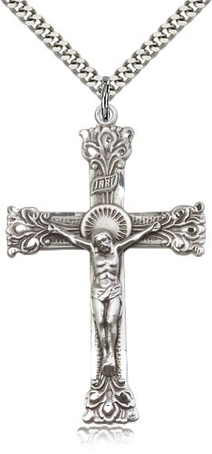 Block Tip Fleur de Lis Crucifix Medal - Sterling Silver
