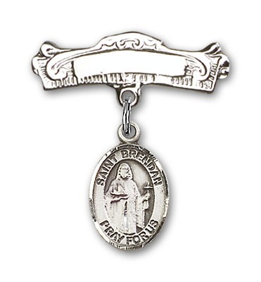 Pin Badge with St. Brendan the Navigator Charm and Arched Polished Engravable Badge Pin - Silver tone