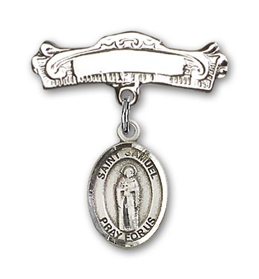 Pin Badge with St. Samuel Charm and Arched Polished Engravable Badge Pin - Silver tone