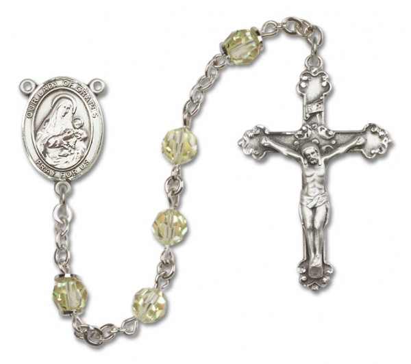 Our Lady of Grapes Sterling Silver Heirloom Rosary Fancy Crucifix - Zircon
